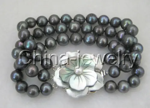 

Wholesale price 16new ^^^^Gorgeous 8" 3row 10mm black round freshwater pearl bracelet-shell clasp