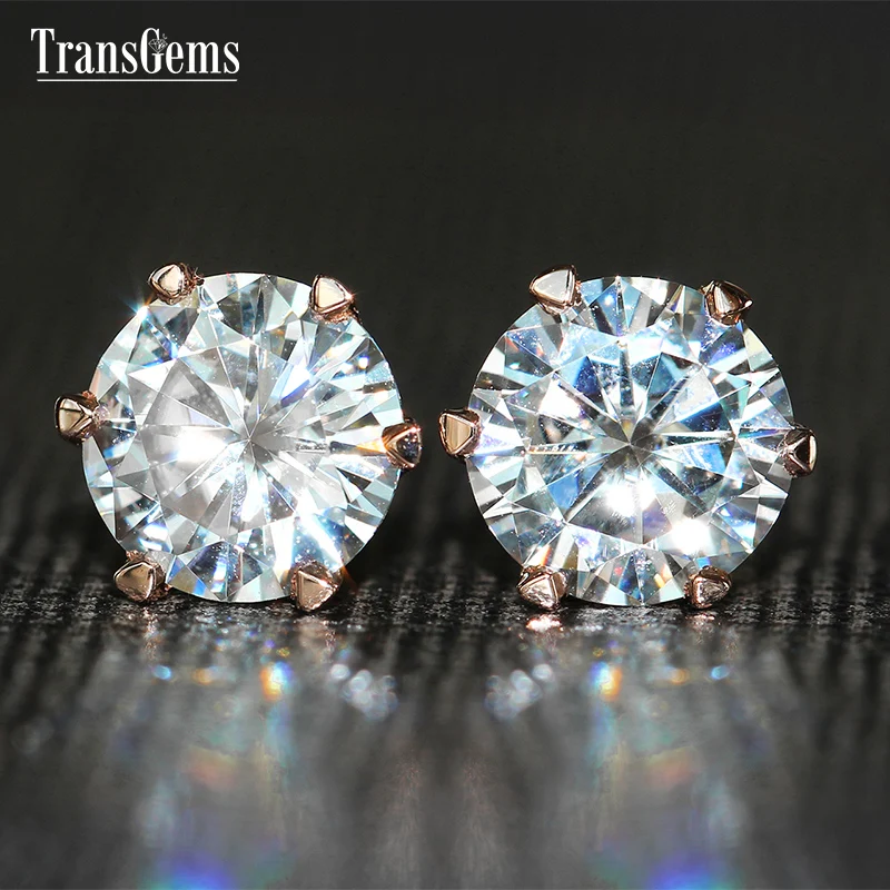 TransGems 2 CTW Carat Lab Grown Moissanite Diamond Stud Earrings Solid Rose Gold Push Back for