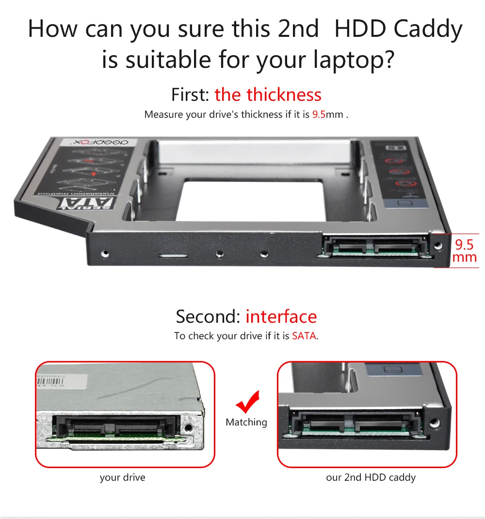 DeepFox пластик Optibay 2nd HDD Caddy 9,5 мм SATA3.0 2," SSD CD DVD на HDD, чехол-корпус cd-rom ODD 10 шт