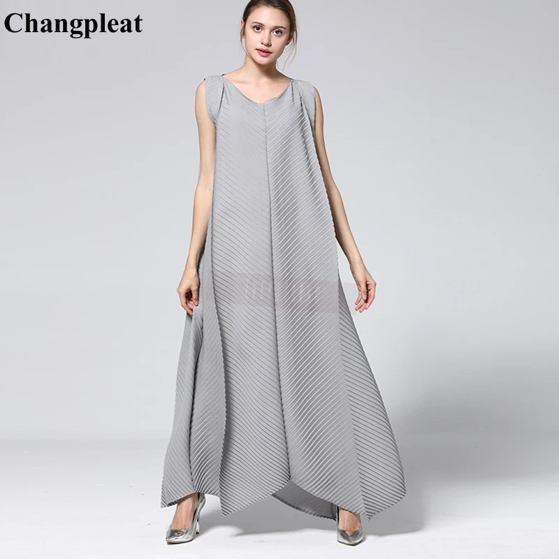 Changpleat новые летние одноцветное Для женщин длинные платья Miyak плиссированные дизайн моды Свободные Большой Размеры трапециевидной формы женский Макси платье прилив