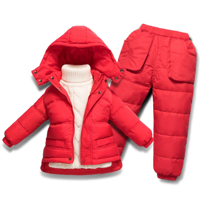 Новинка года, зимняя детская куртка на пуху зимние штаны для спорта на открытом воздухе теплая куртка на утином пуху для мальчиков и девочек, брюки комплект из двух предметов - Цвет: Темно-серый