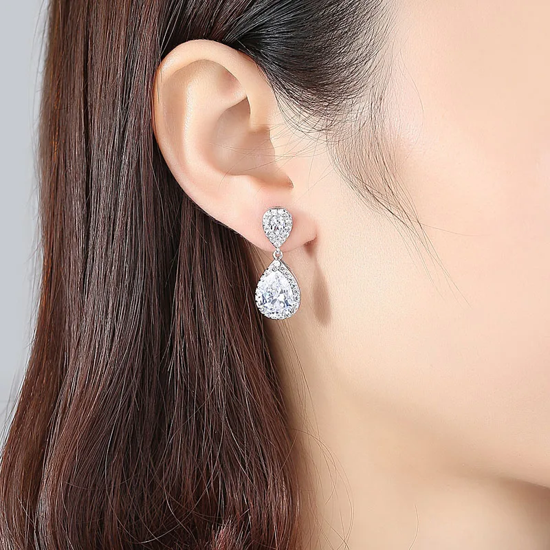 

SLBRIDAL Prong Setting High Quality Copper Alloy AAA Waterdrop Cubic Zirconia Drop Earrings Luxury Wedding CZ Jewelry Women Gift