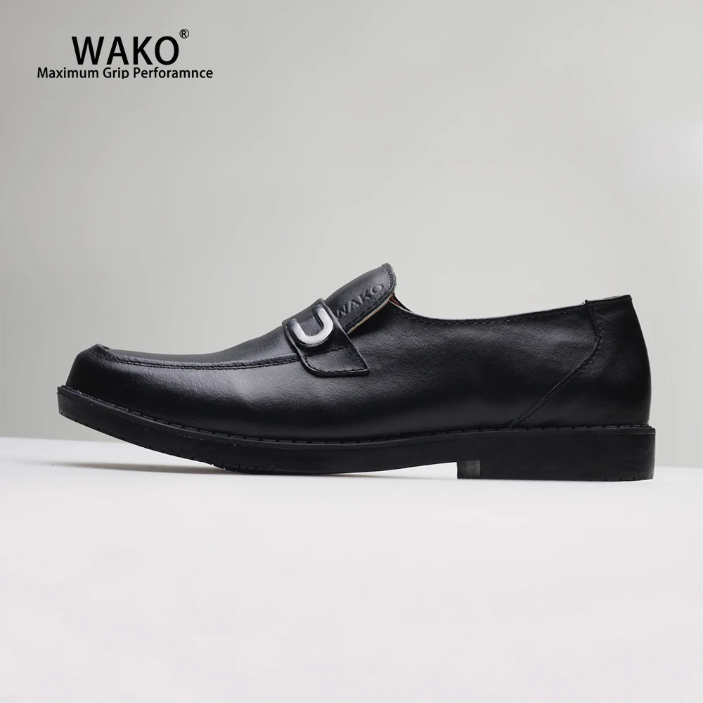 WAKO Men Chef Shoes Black Leather Loafers Non-Slip Kitchen Cook Shoes Anti-Skid Hotel Restaurant Hospital Work Shoes 9552 