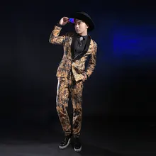 Модные мужские костюмы с золотым принтом, повседневные мужские костюмы для певицы для сцены, костюм для сцены, Блейзер, брюки, комплект, Ds, костюм, комплекты одежды