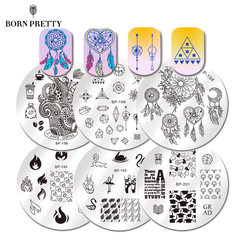 BORN PRETTY Round Nail Stamping Plate Geometry Catcher Feather Ballet Swan Dream Flame Flower Manicure Nail