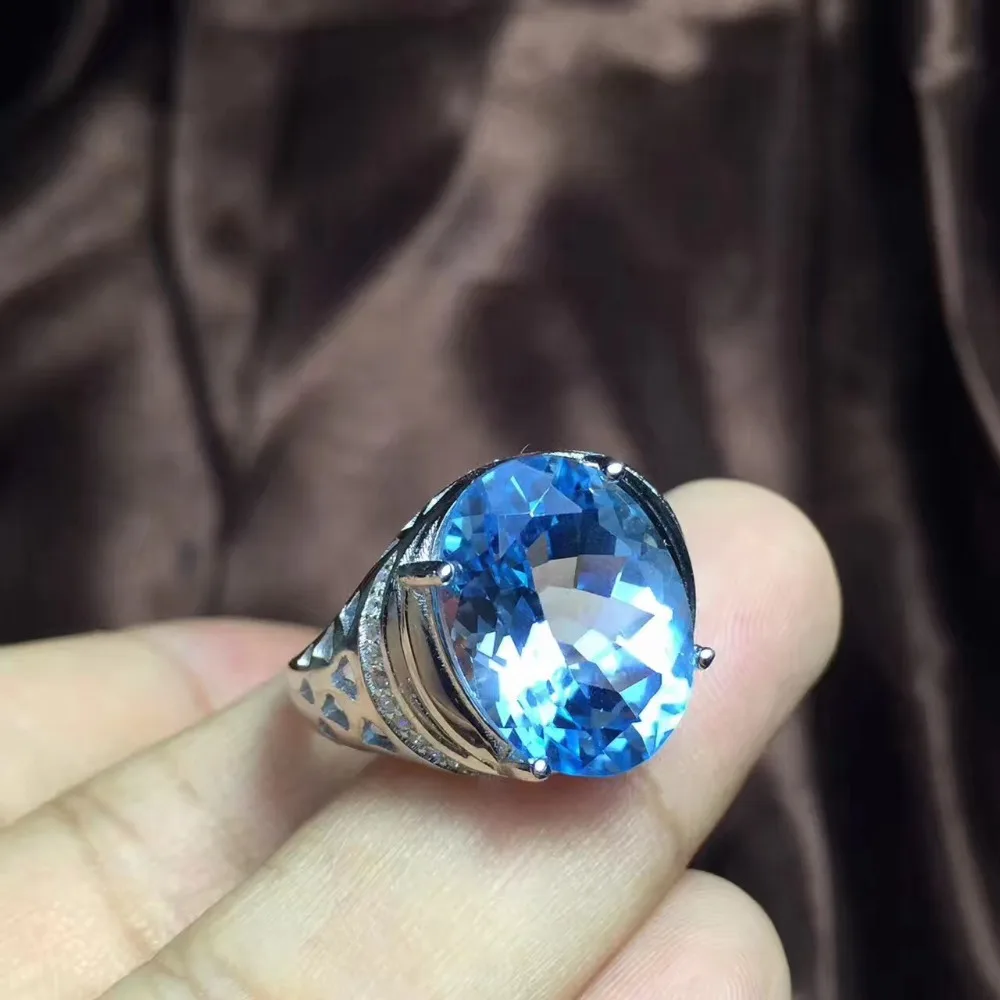 Real и Природный Голубой Топаз Кольцо мужское кольцо 925 серебро 12*16 мм gem Для мужчин изысканные украшения ручной работы