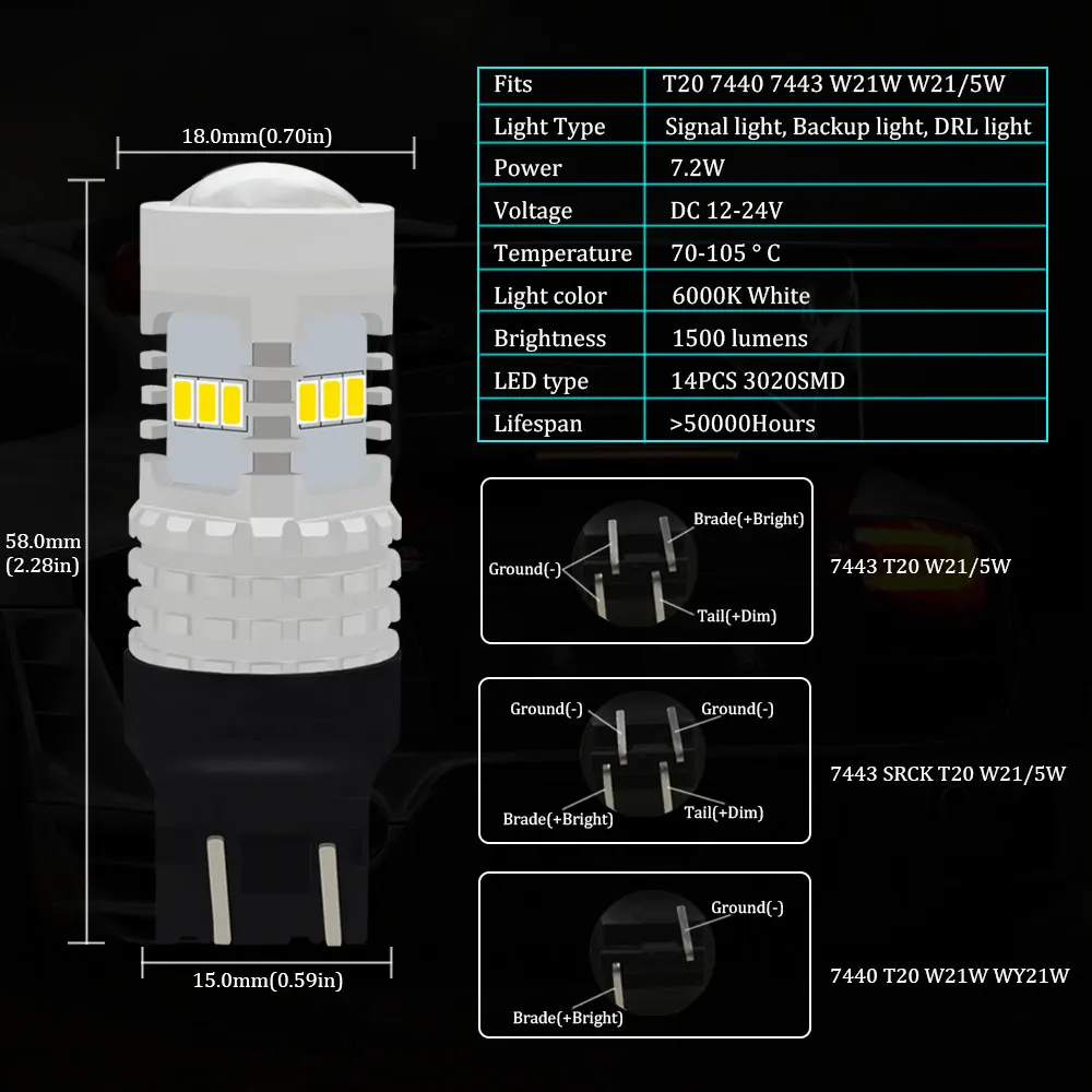2шт Canbus T20 7440 W21W W21 T20 7443 7444 W21/5 W SRCK светодиодный светильник для LADA Размер лампочки супер яркий белый DC12-24V дхо для лада веста лампы
