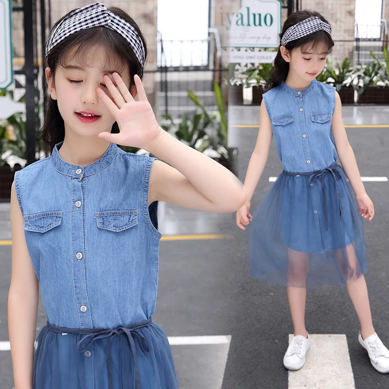 

Children Cowboy New Pattern Korean Temperament A Word Sleeveless Vest Split Joint Gauze Dress