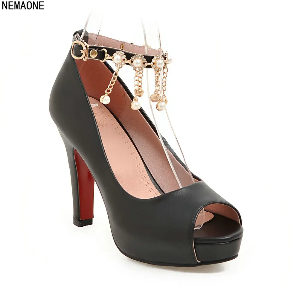 

NEMAONE 2018 New Fashion Women Peep Toe Pearl Buckle Strap Party Pumps high heels String Sexy Women Shoes Platfrom shoes