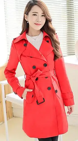 Женский Тренч, большие размеры, весна и осень, тонкое пальто средней длины, Женская двубортная верхняя одежда, хаки, черный, красный, желтый - Цвет: Красный