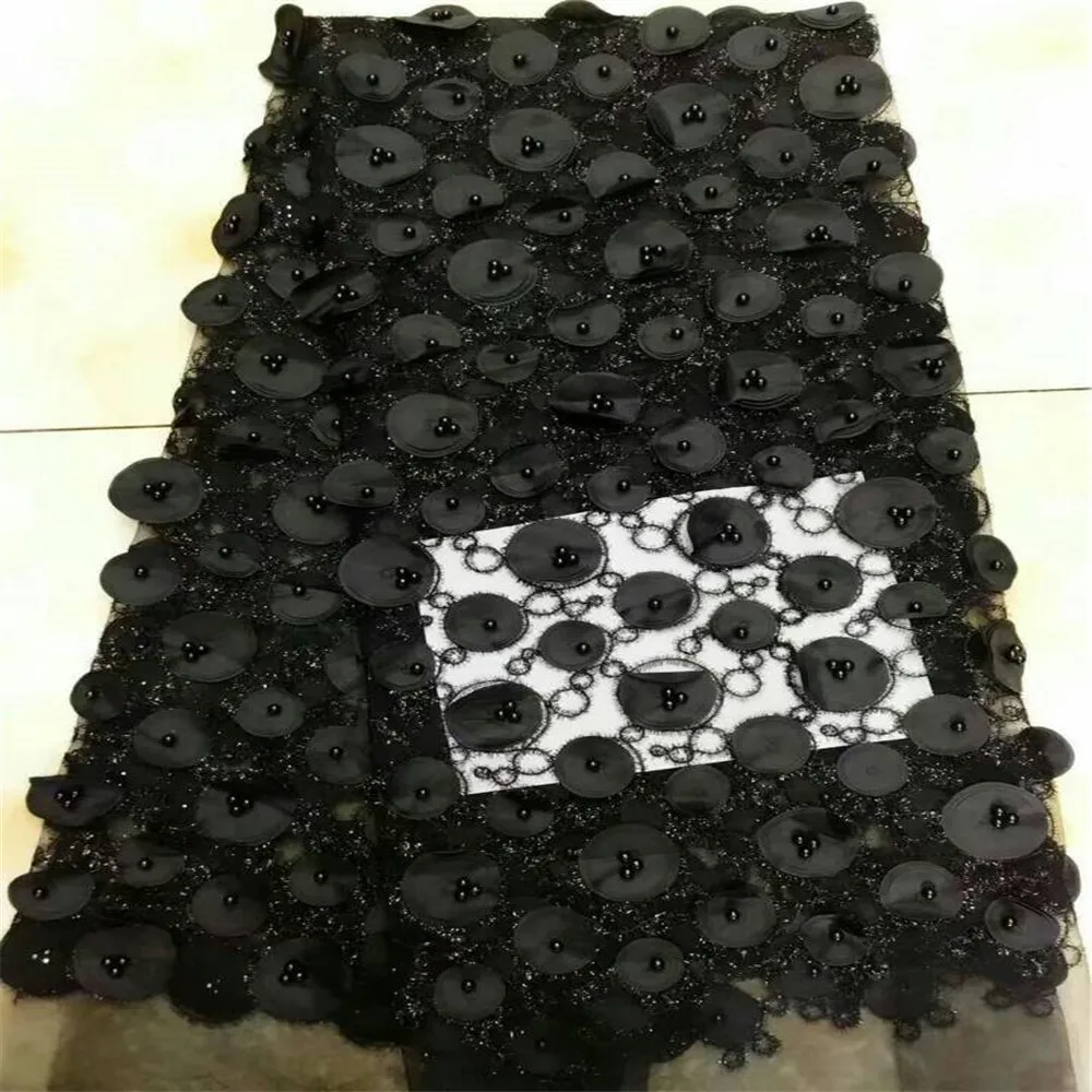 

High quality black 3D lace fabric, Nigerian lace fabric with highlights and beads for wedding gowns / parties HJ264-2