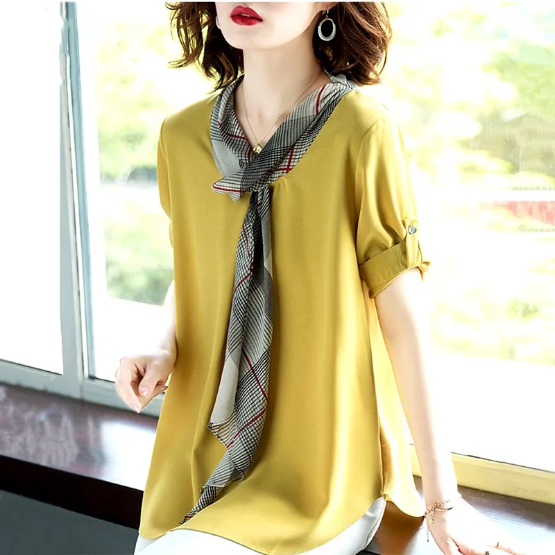 

New Elegant Clothing Summer Blouses Shirts Women Fashion Short-Sleeve Tops Plus Size Spliced Loose Blouse Blusa Feminina CC243
