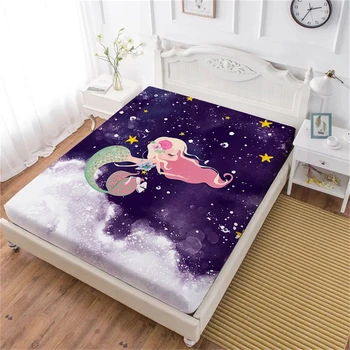 

Girls Princess Bed Sheet Cartoon Mermaid Flowers Print Fitted Sheet Colorful Ocean Printed Mattress Cover Deep Pocket Home Decor