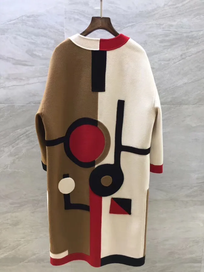 2018 Winter New Arrival Women'S Coats O-Neck Long Sleeve Geometric Patterns Wool Long Coat Free Shipping