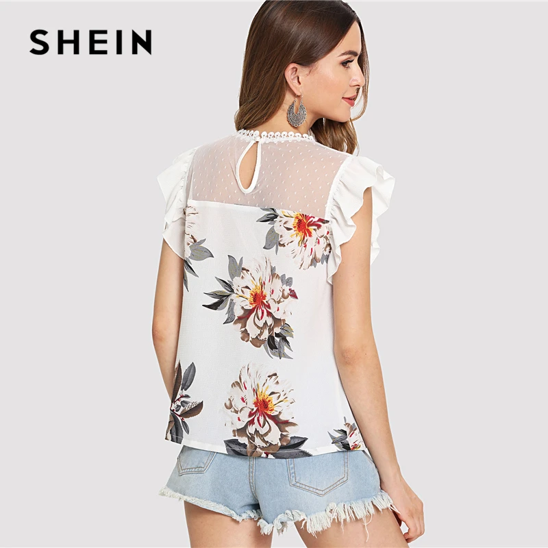 SHEIN Dot Mesh Yoke Lace Applique Ruffle Top Beige Floral Print Round Neck Cap Sleeve Blouse Women Summer Casual Blouses