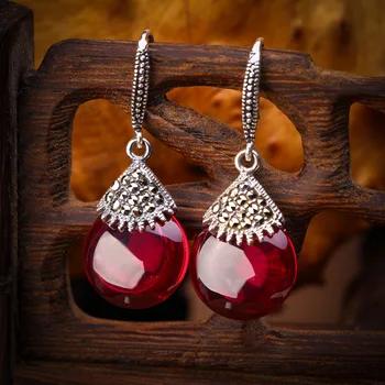 

925 Sterling silver jewelry fashion Red corundum natural semi-precious stones green green water drop Dangle Earrings