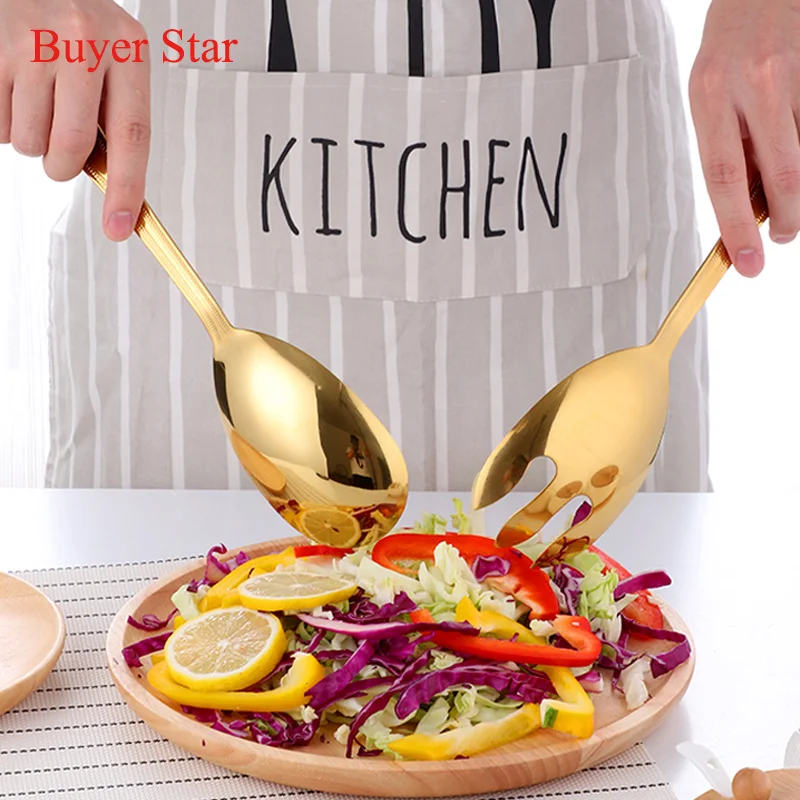 

Public Long Salad Spoon Salad Fork Kitchen set tool Serving Utensils Stainless Steel Buffet Set Gold Restaurant Service Spoons