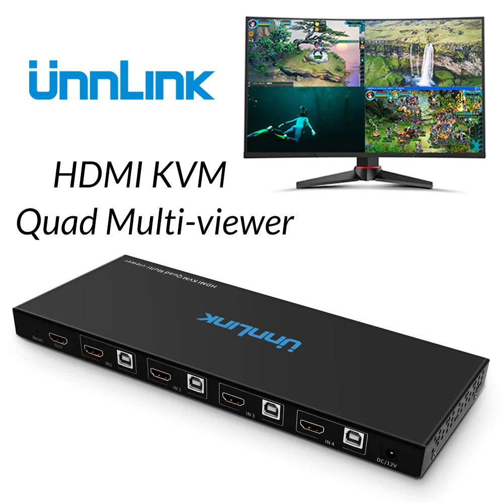 

Unnlink HDMI USB KVM Quad Multi-viewer FHD1080P@60Hz 4x1 HDMI Seamless Switch 1 Keyboard Mouse Control 4 PCs Host Computers