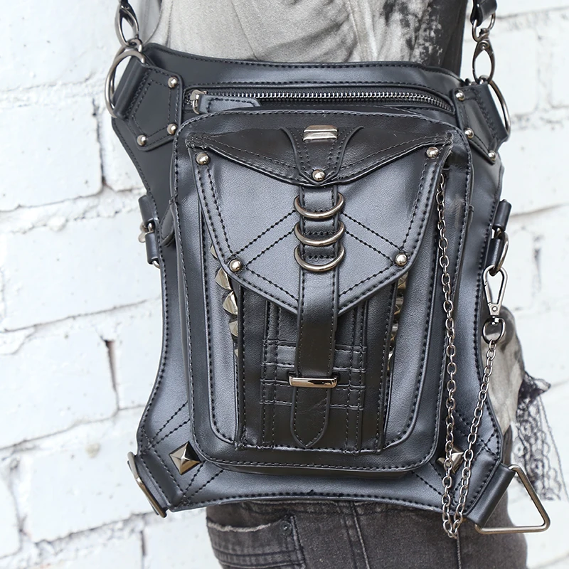 Ретро панк стиль унисекс женская мужская сумка на плечо рок Готическая поясная сумка черная кожаная сумка для ног металлическая сумка
