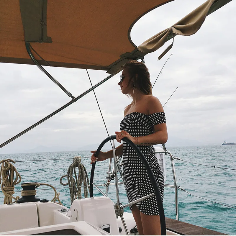 Off Shoulder Plaid Summer Dress Short Sleeve Bow Tied Sexy Mini Dress Women Backless Irregular Elegant Clothes 2