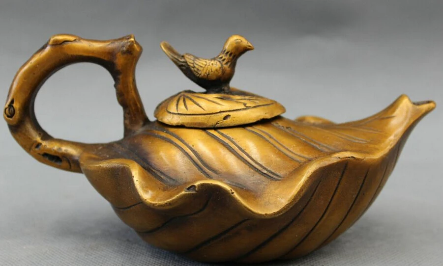 

S4561 Chinese Bronze Folk Buddhism Home Bird On Leaf Statue Flagon Teapot Wine Pot D0317
