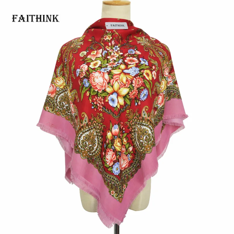 

[FAITHINK] Hot Women Cottom Blossom Square Bandana Scarf Female Spring Summer Ponchos and Capes Tassel Feminino Wrap Scarves