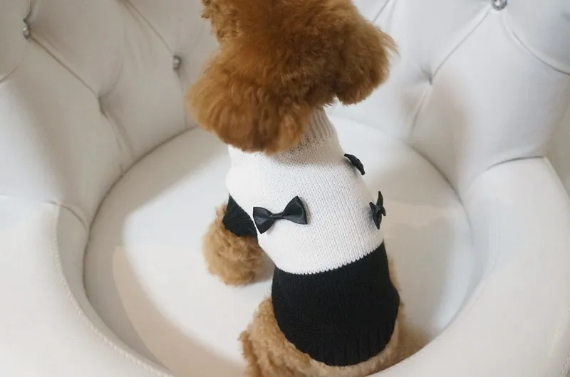Черный и белый тянущийся свитер с бантом для собак