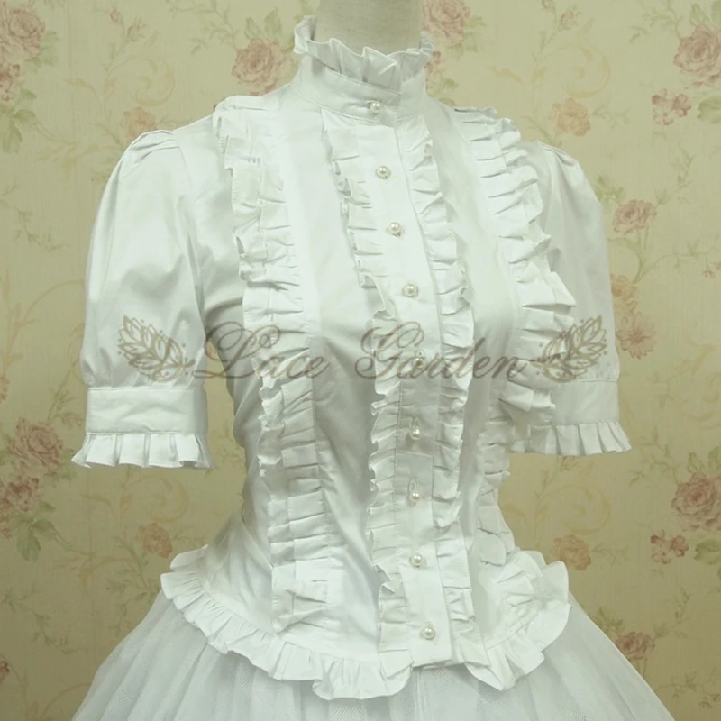 Summer women white short Tops Vintage Victorian Ruffled Bandage shirts Ladies gothic blouse lolita costume 4