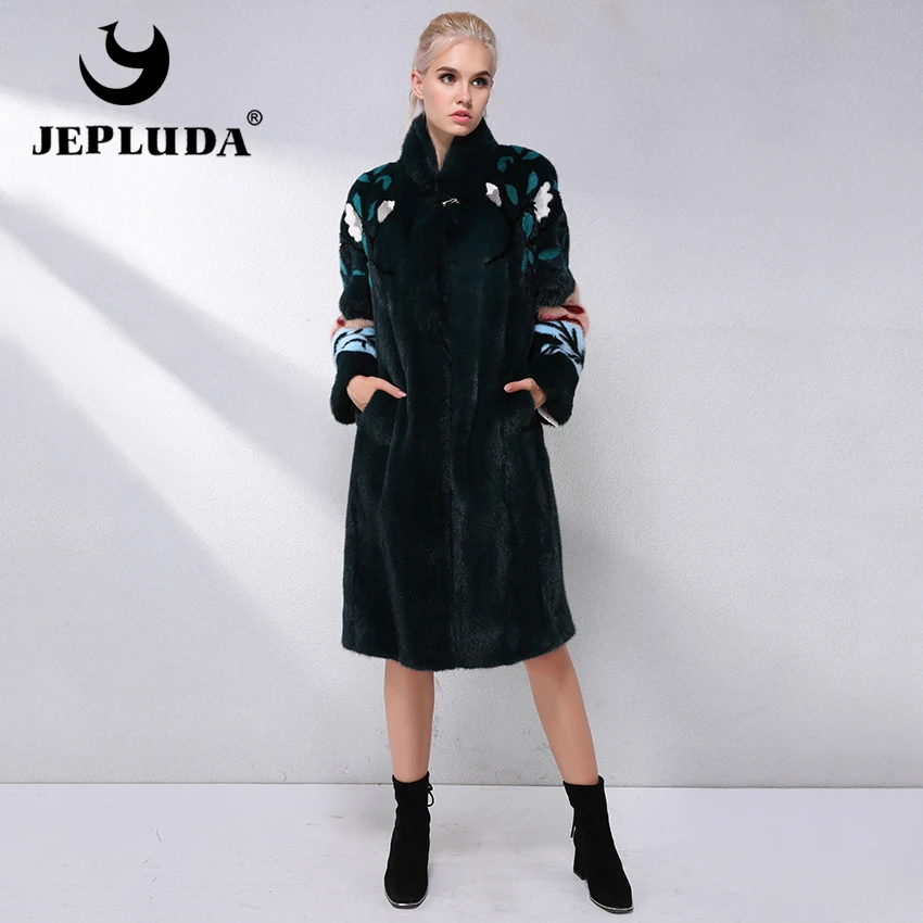 JEPLUDA Женская Норковая Шуба Натуральный Мех Американский Бархатистый с Цветочный