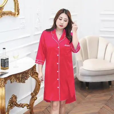 Атласная Ночная рубашка размера плюс, женская ночная рубашка, однотонное свободное домашнее платье, короткое сексуальное ночное белье, Повседневная Ночная рубашка большого размера XL XXL XXXL - Цвет: Red