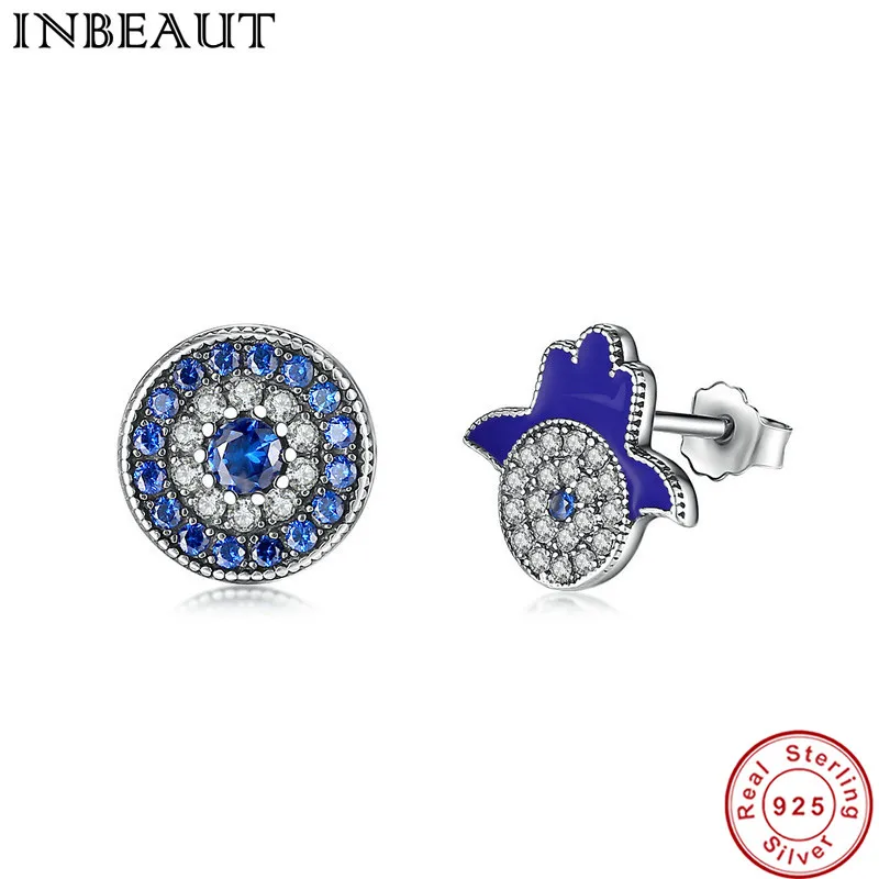 

INBEAUT Authentic 925 Sterling Silver Blue&White Clear Cubic Zirconia Stud Earrings Female Cute Different Earrings Party Jewelry