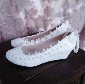 

Low wedges heel womens summer spring wedding shoes european style womens white lace ivory pearls bridal shoes ankle strap