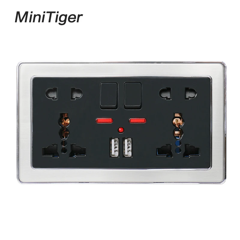Minitiger двойной Универсальный 5 отверстий переключаемый настенный разъем с неоновым 2.1A двойной USB зарядное устройство Порт из нержавеющей стали рамка черный выход