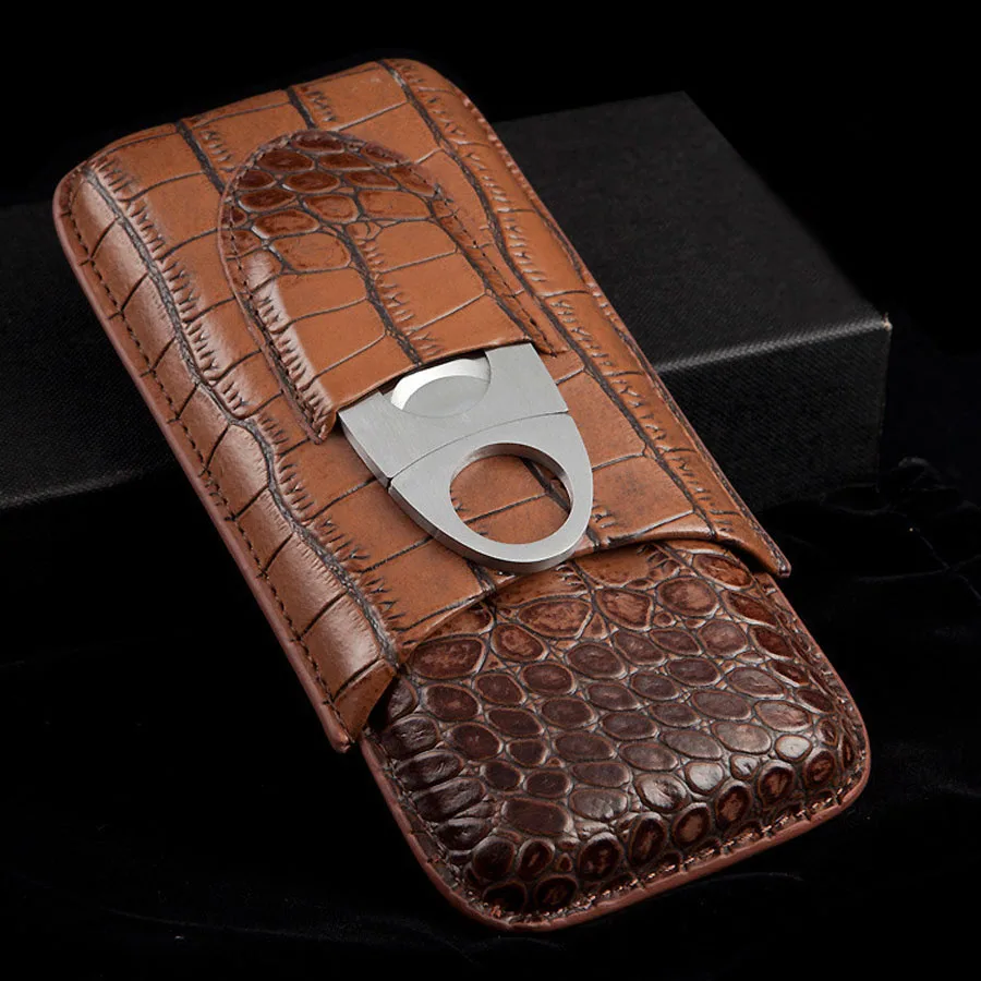 

COHIBA Croco Embossed Leather Cigar Case Holder Humidor 3 Tube Count Portable Travel With Stainless Steel Cigar Cutter Pouch Box