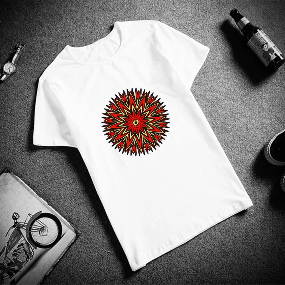 

New 100% Cotton Men Tshirt Mandala Psychedelic Circle Print Short Sleeve Top & Tee Fashion Casual Men T Shirt Unisex Clothing