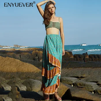 

Enyuever Boho Skirt Women Summer 2019 Print Elegant Casual Party High Waist Asymmetrical Long Maxi Ruffle Skirt Saias Jupe Femme