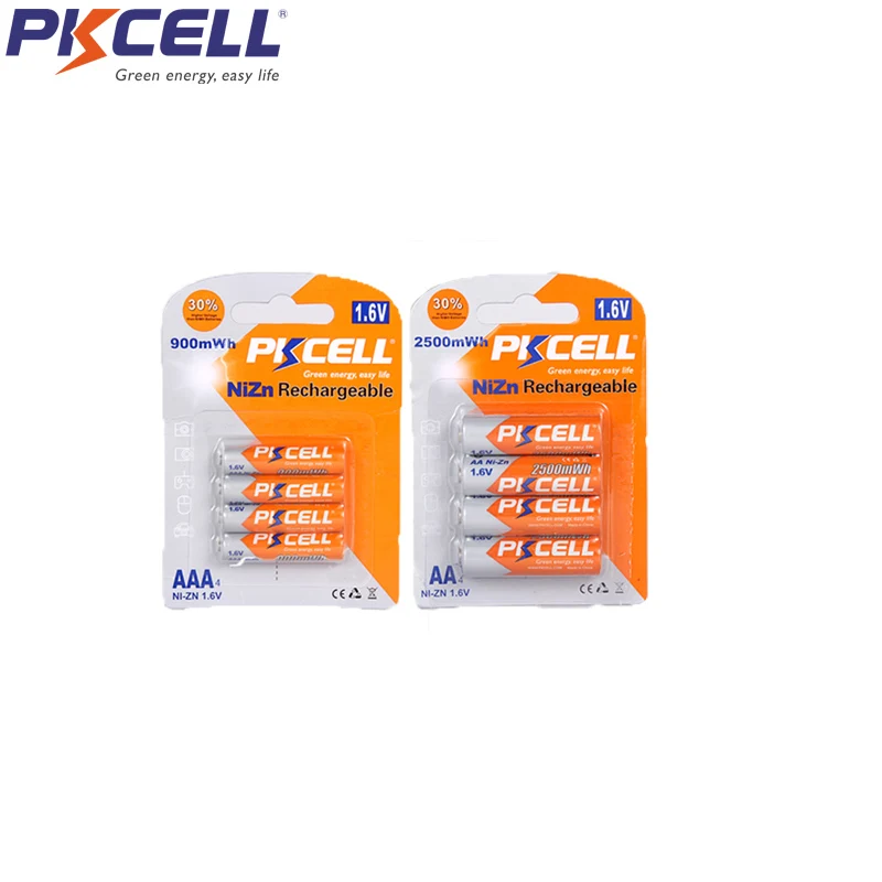 

PKCELL 4Pcs NIZN AA Rechargeable Battery aa 2500mWh and 4Pcs ni-zn AAA Batteries aaa 900mWh 1.6v