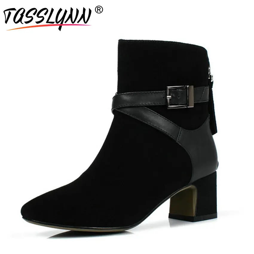 

TASSLYNN 2018 Western Women Boots Cow Suede Autumn Shoes Thick High Heel Pointed Toe Ankle Boots Cool Buckle Women Shoes 34-43