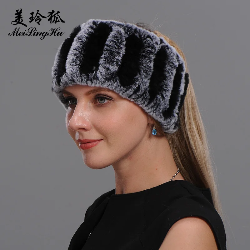 

Genuine Rex Rabbit Fur Women Caps Winter Head Scarf Striped Natural Real Fur Hat Wig Warm 100% Genuine Fur Thick Beanies