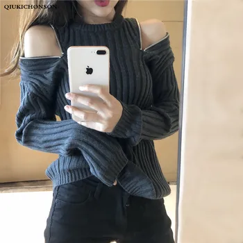 

Women Autumn Winter Sweater Long Sleeve Korean Fashion Zip Open Cold Shoulder Sweater Pullover Knitted Ribbed Ladies Jumpers