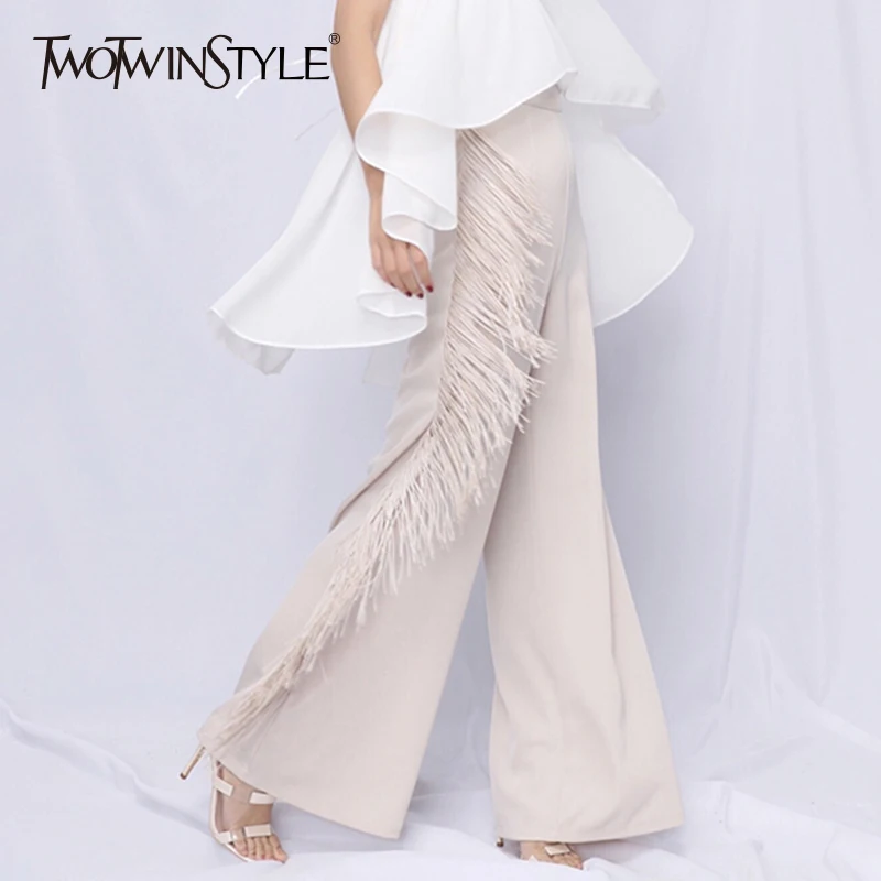 

TWOTWINSTYLE Tassel Pants For Women Patchwork High Waist Big Size Summer Maxi Wide Leg Pants 2019 Elegant Fashion Female Clothes