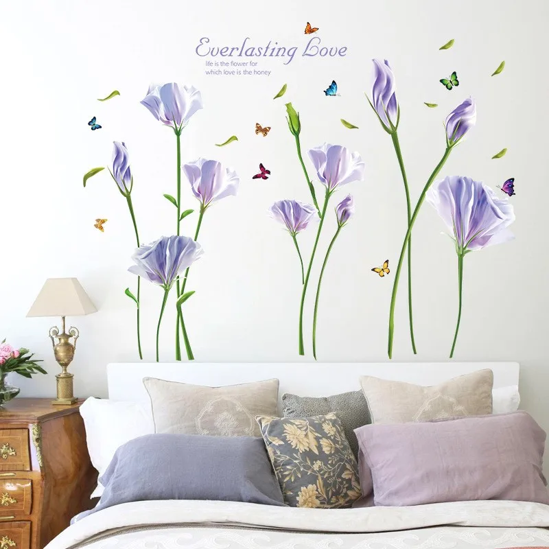 Виниловые наклейки на стену с изображением цветов лилии для спальни, телевизора, Фоновые наклейки на стену, домашний декор, Наклейки на стены, наклейки на стену
