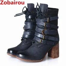 Zobairou chaussure femme/зимние ковбойские сапоги на высоком каблуке; цвет розовый, черный; резиновые сапоги на шнуровке; женская обувь из натуральной кожи на молнии сзади