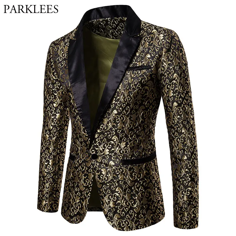 Blazer en Jacquard doré pour hommes, flambant neuf, avec un bouton, Patchwork, Costume de chanteur de scène, 2018