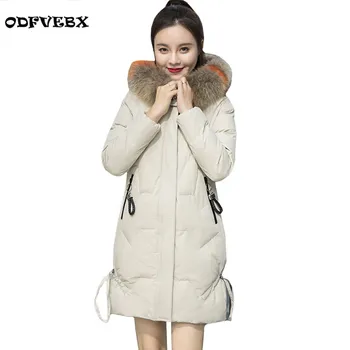 

High-end Hooded Collar Feather Cotton Coat long-sleeved Winter Jacket Female Loose Fashion Pocket Cotton Bread Jacket Overcoat