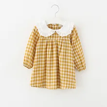 DFXD/Коллекция года, весеннее платье для маленьких девочек клетчатое платье трапециевидной формы с длинными рукавами и воротником «Питер Пэн» для девочек милое детское платье на день рождения, Vestido