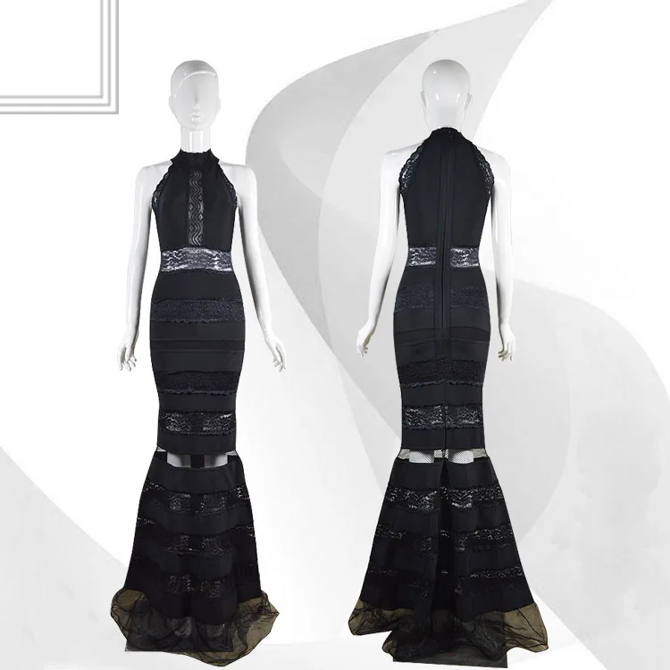 Новое Макси платье стрейч вязать Черное кружево Мода Досуг Бандажное платье(H0375 - Цвет: Черный