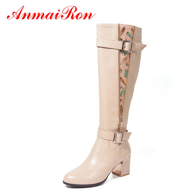 ANMAIRON Winter Motorcycle Boots Women Shoes Woman Knee-High Buckle Boots Square Heel Rhinestone Genuine Leather Knight Boots