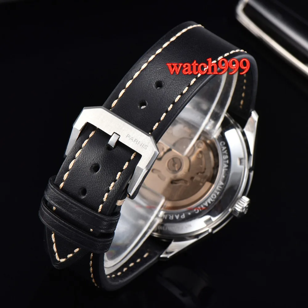 42 мм Parnis черный циферблат сапфировое стекло водонепроницаемый кожаный Seiko для бега твердый стальной корпус механические Автоматические Мужские часы