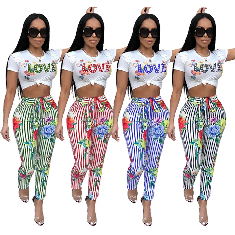 

Tracksuits for Women Outfit Sportswear Co-ord Set Top and Pant Suits Striped Floral Print 2019 Summer Festival Matching Clothing